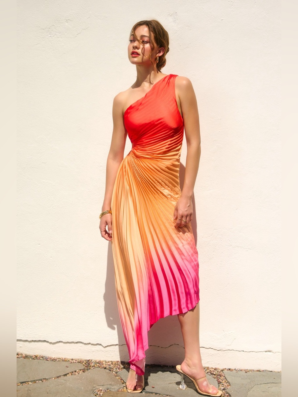 The Golden Hour Orange Ombre Pleated Midi Dress - Picture 3 of 7